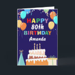 80th Happy Birthday Balloons Cake Navy Blue Karte<br><div class="desc">80th Happy Birthday Colorful Balloons Cake Navy Blue with personalized name. For further customization,  please click the "Customize it" button and use our design tool to modify this template.</div>
