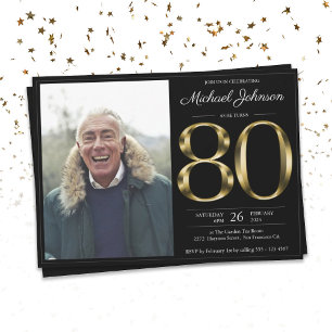 80th Solid Gold Text Black Classy Photo Birthday Einladung