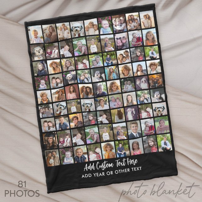 81 Foto-Collage-Raster mit Text - schwarz Fleecedecke (Custom Photo Blankets)