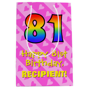 81. Geburtstag: Fun Pink Hearts Streifen; Regenbog Mittlere Geschenktüte