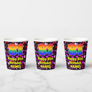 81. Geburtstag: Loving Hearts Muster, Regenbogen 8 Pappbecher
