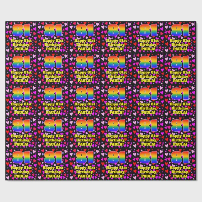 81st Birthday: Loving Hearts Pattern, Rainbow # 81 Geschenkpapier (Flach)