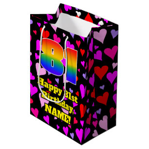 81st Birthday: Loving Hearts Pattern, Rainbow # 81 Mittlere Geschenktüte