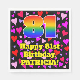 81st Birthday: Loving Hearts Pattern, Rainbow # 81 Serviette