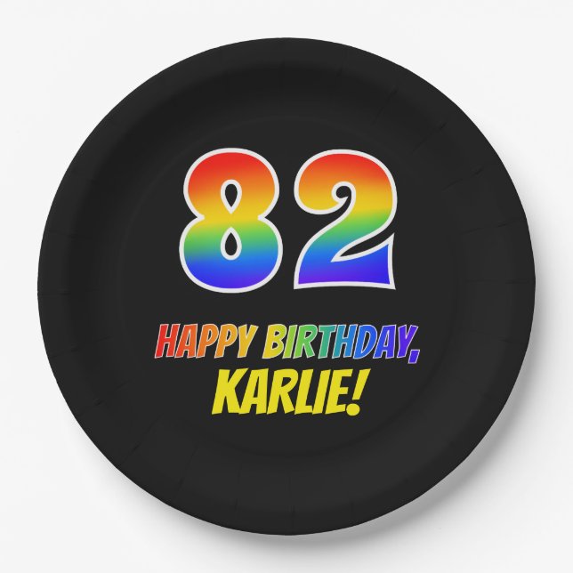 82. Geburtstag: Bold, Fun, Simple, Rainbow 82 Pappteller (Vorderseite)