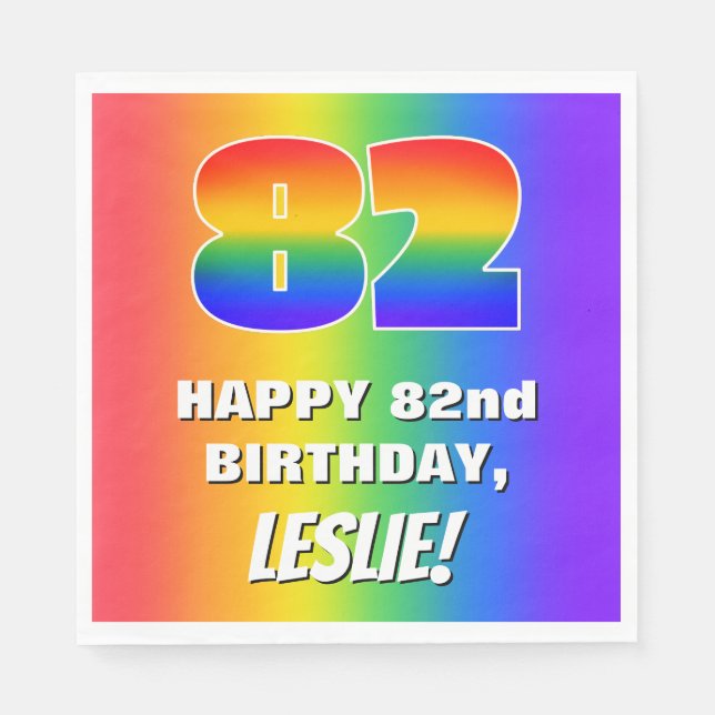 82. Geburtstag: Farbiges, lustiges Regenbogenmuste Serviette (Vorderseite)