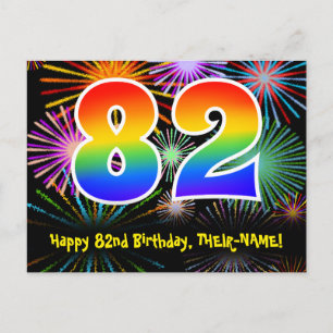 82. Geburtstag - Fun Fireworks Pattern + Rainbow 8 Postkarte