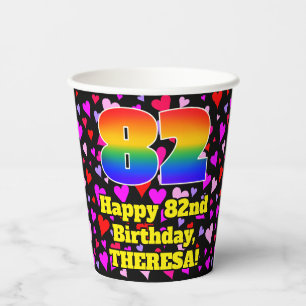 82. Geburtstag: Loving Hearts Pattern, Rainbow 82 Pappbecher