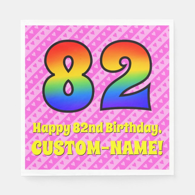 82. Geburtstag: Rosa Streifen & Herz, Regenbogen # Serviette (Vorderseite)