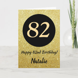 82. Happy Birthday Black and Gold Glitzer Card Karte