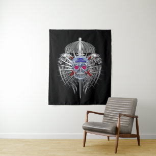 82nd Airborne Stunning Silver Schädel Metallic Win Wandteppich