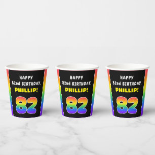 82nd Birthday: Colorful Rainbow # 82, Custom Name Pappbecher