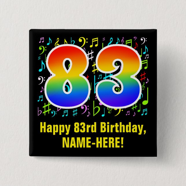 83. Geburtstag: Farbige Musiksymbole, Regenbogen 8 Button (Vorderseite)