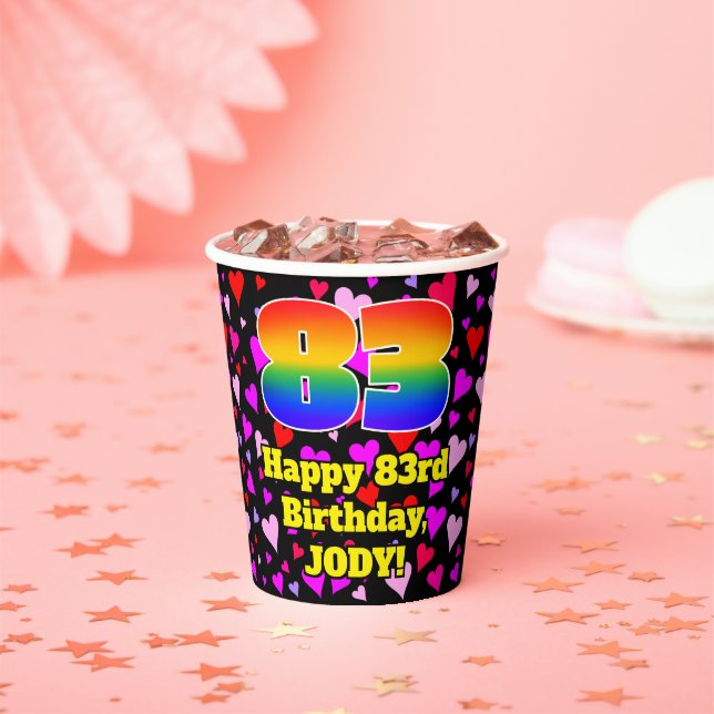 83. Geburtstag: Loving Hearts Pattern, Rainbow 83 Pappbecher (Insitu)