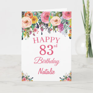 83rd Birthday Watercolor Floral Flowers Pink Card Karte