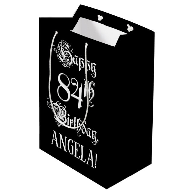 84. Geburtstag: Extravagant, Elegantes Script + In Mittlere Geschenktüte (Rückseite Schrägansicht)