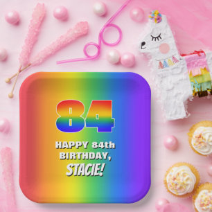 84. Geburtstag: Farbige, lustige Regenbogenmuster  Pappteller