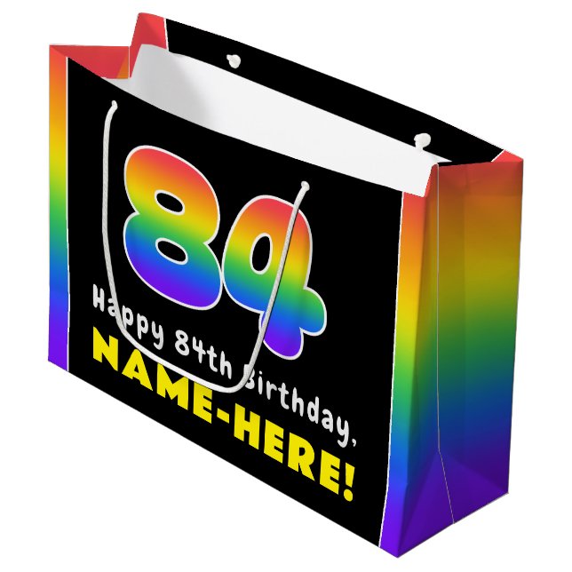 84. Geburtstag: Farbiger Regenbogen # 84, Individu Große Geschenktüte (Vorderseite Schrägansicht)