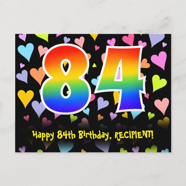 84. Geburtstag: Fun Hearts Muster, Regenbogen 84 Postkarte (Vorderseite)