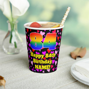 84. Geburtstag: Loving Hearts Pattern, Regenbogen Pappbecher