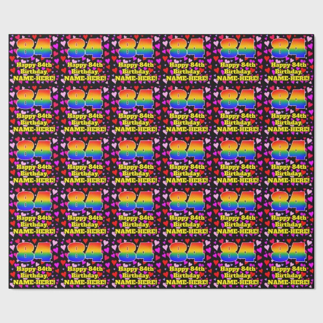 84th Birthday: Loving Hearts Pattern, Rainbow # 84 Geschenkpapier (Saum)