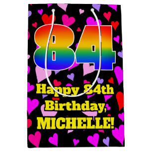 84th Birthday: Loving Hearts Pattern, Rainbow # 84 Mittlere Geschenktüte
