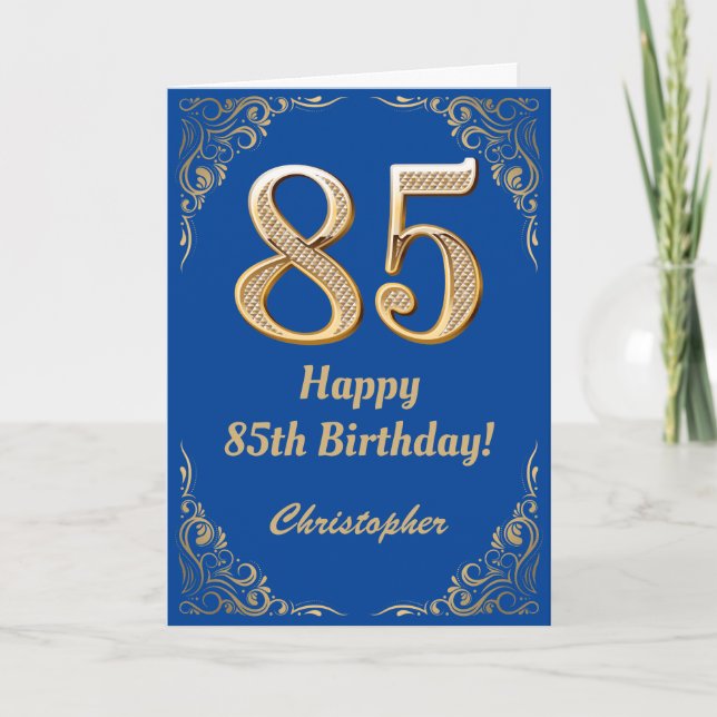 85. Geburtstag Blue and Gold Glitzer Frame Karte (Vorderseite)