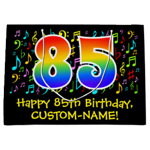 85. Geburtstag - Farbige Musiksymbole, Regenbogen Große Geschenktüte