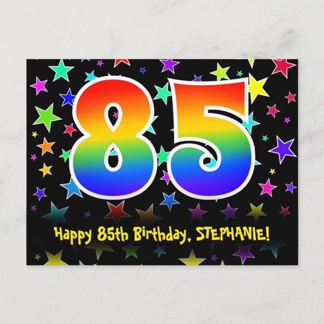 85. Geburtstag: Fun Stars Muster, Regenbogen 85, N Postkarte (Vorderseite)