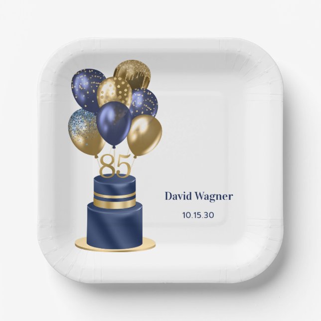 85. Geburtstag Navy Blau Torte Pappteller (Vorderseite)
