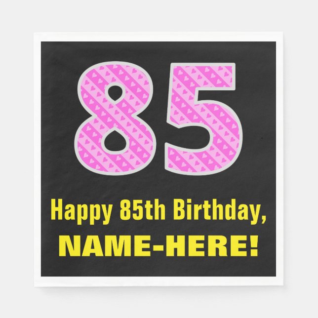 85. Geburtstag: Rosa Streifen und Herz "85" + Name Serviette (Vorderseite)