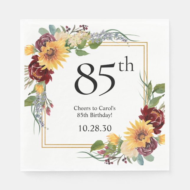 85. Geburtstag Sonnenblumen Serviette (Vorderseite)