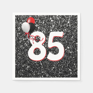 85. Geburtstagsballons auf dem Schwarzen Glitzer N Serviette
