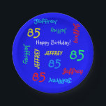 85. Geburtstagsparty, Wiederholung von Namen, Roya Pappteller<br><div class="desc">Was für ein wunderschöner, personalisierter Papierteller für eine 85. Geburtstagsfeier oder jede andere Gelegenheit. Name und Alter wiederholen sich in verschiedenen Schriftart und Primärfarben auf einem hellblauen Hintergrund. Einfach zu personalisieren - einfach den NAME, das Alter und die OCCASION an einem Ort verändern. Unterstützt Namen bis zu 9 Zeichen. Eine...</div>