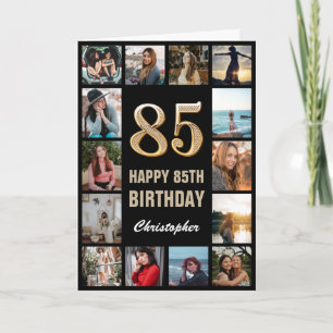 85. Happy Geburtstag Schwarz und Gold Foto Collage Karte