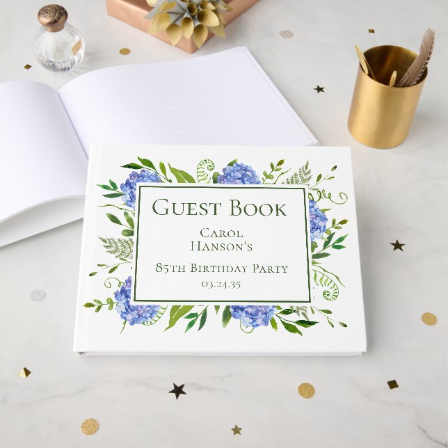 85th Birthday Blue Hydrangeas Gästebuch (Vorderseite Offen)