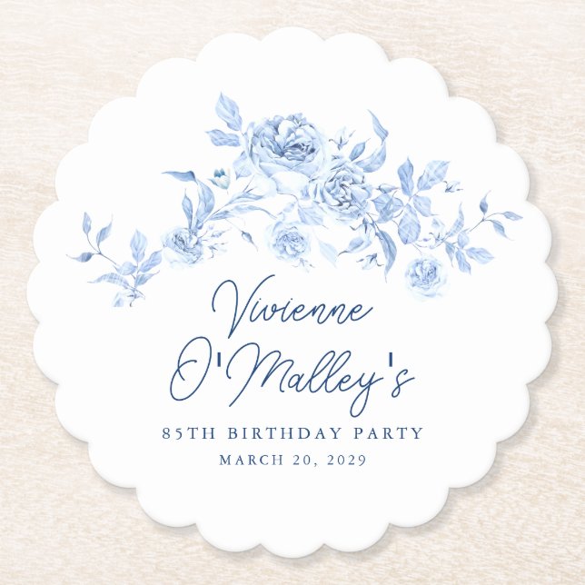 85th Birthday Party Blue Rose Floral Custom Untersetzer (Vorderseite)