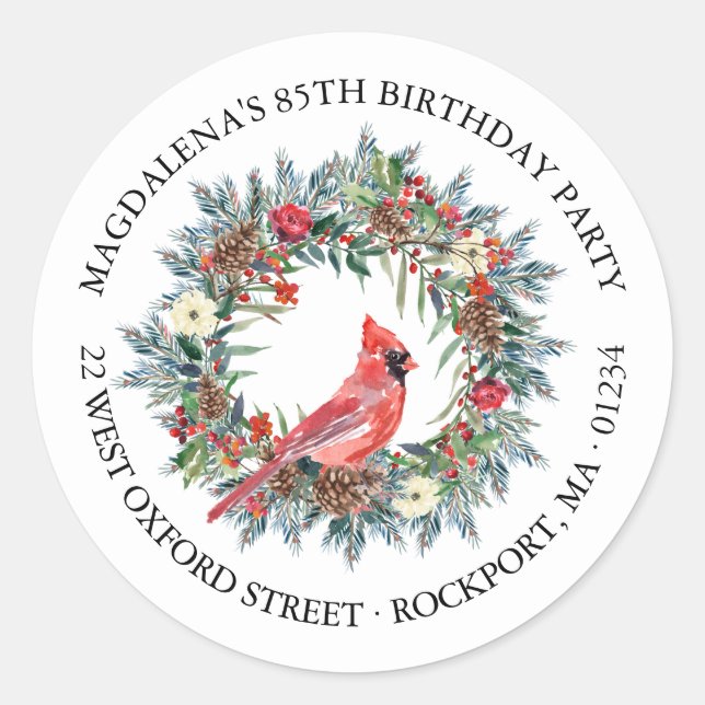 85th Birthday Party Cardinal Return Address Label Runder Aufkleber (Vorderseite)