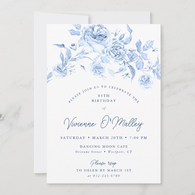85th Birthday Party Dusty Blue Floral Einladung (Vorderseite)