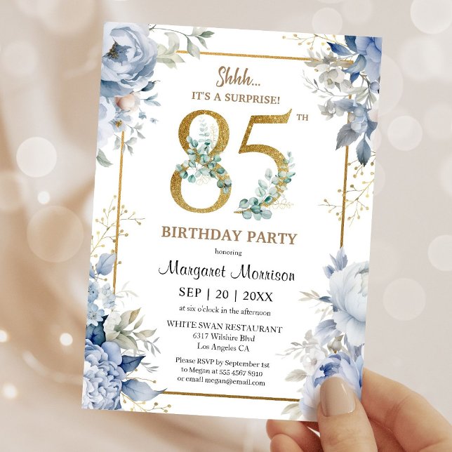 85th Birthday Party Elegant Dusty Blue Floral Einladung (Von Creator hochgeladen)