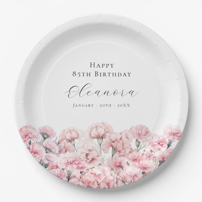 85th Birthday Pink Carnation January Birth Flower Pappteller (Vorderseite)