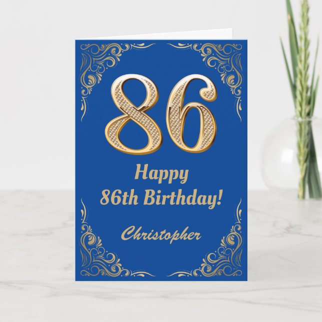 86. Geburtstag Blue and Gold Glitzer Frame Karte (Vorderseite)