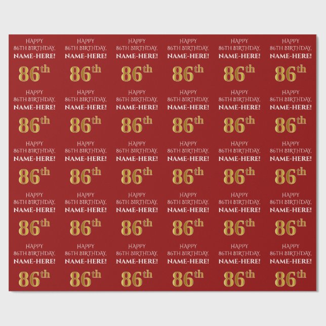 86. Geburtstag: Elegant, rot, Imitate Gold Look Geschenkpapier (Flach)