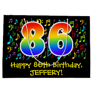 86. Geburtstag - Farbige Musiksymbole, Regenbogen  Große Geschenktüte