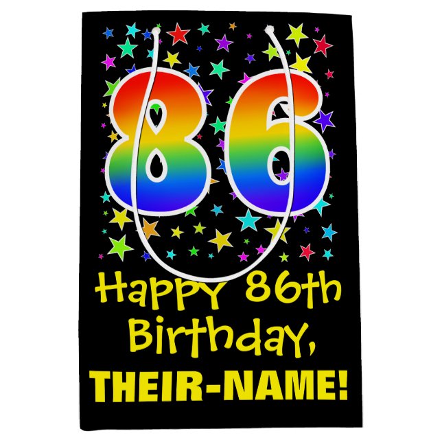 86. Geburtstag: Farbiges Sternenmuster & Regenboge Mittlere Geschenktüte (Vorderseite)