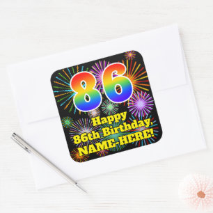86. Geburtstag: Fun Fireworks Look, Rainbow # 86 Quadratischer Aufkleber