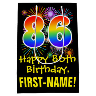86. Geburtstag: Fun Fireworks Pattern + Rainbow 86 Mittlere Geschenktüte