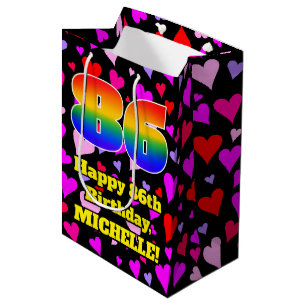 86. Geburtstag: Loving Hearts Pattern, Regenbogen Mittlere Geschenktüte