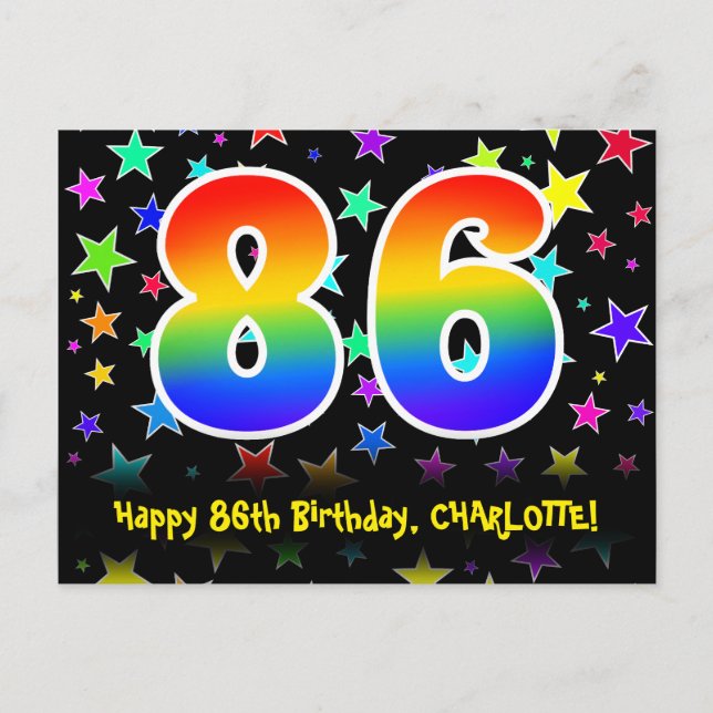 86. Geburtstag: Lustige Sterne Muster, Regenbogen  Postkarte (Vorderseite)