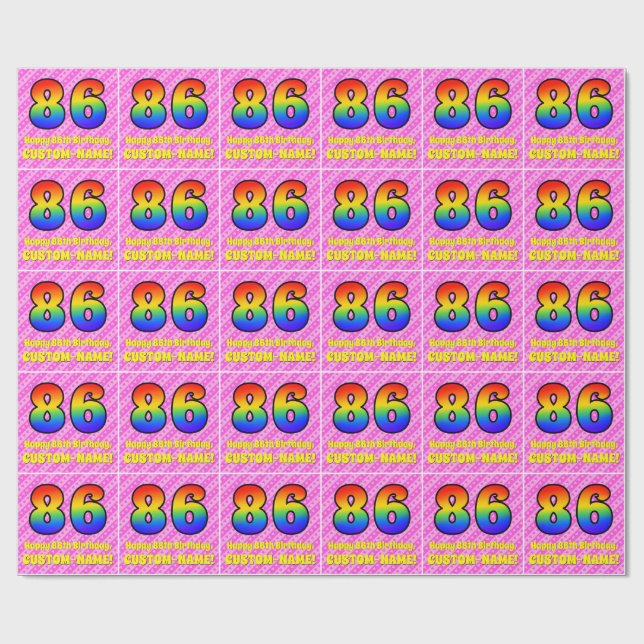 86. Geburtstag: Rosa Streifen & Herz, Regenbogen # Geschenkpapier (Flach)